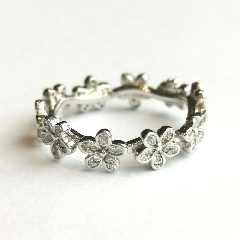 Forget me Not flower eternity band ring Sterling Silver CZ size 7